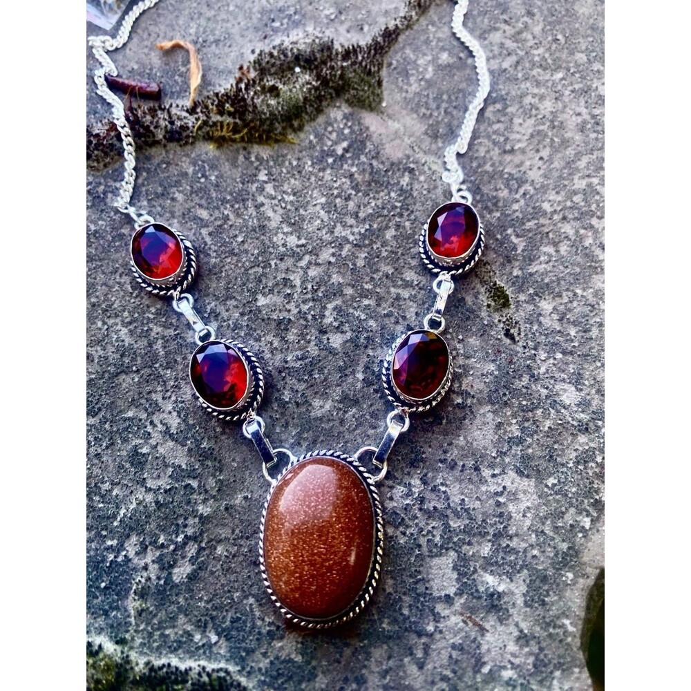 Goldstone & Red Gem Pendant Necklace